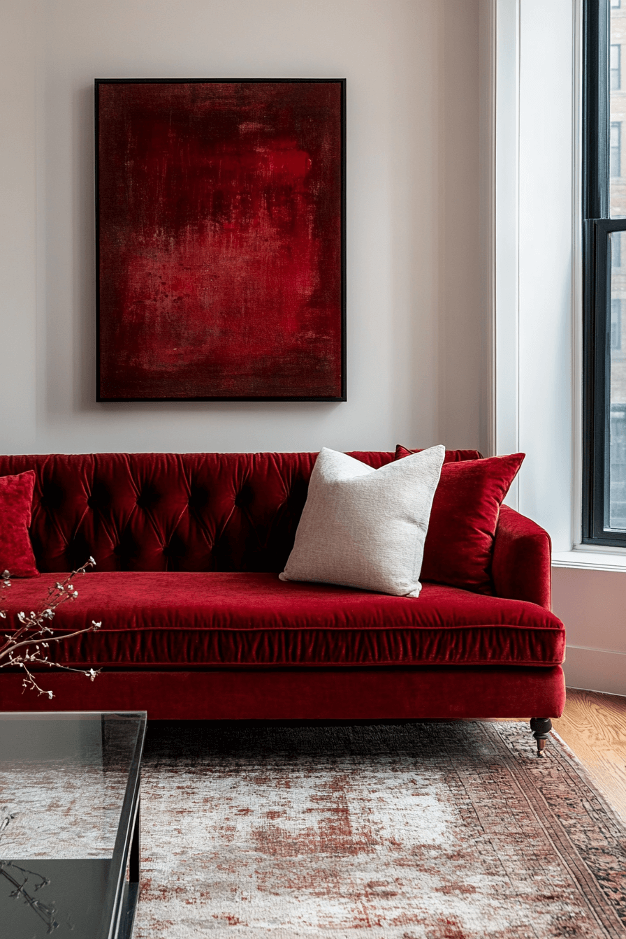 red sofa living room