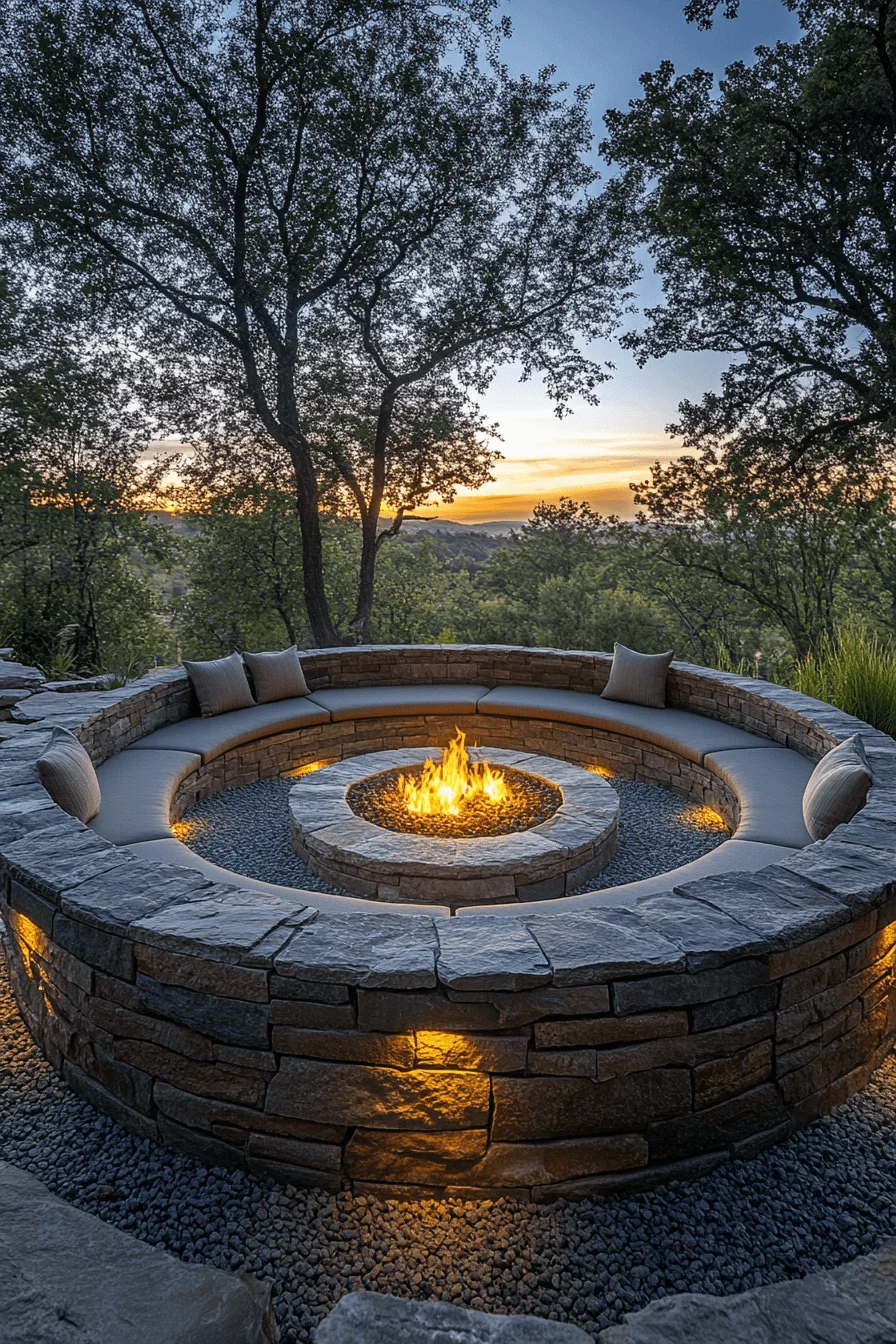 circular stone fire pit lounge