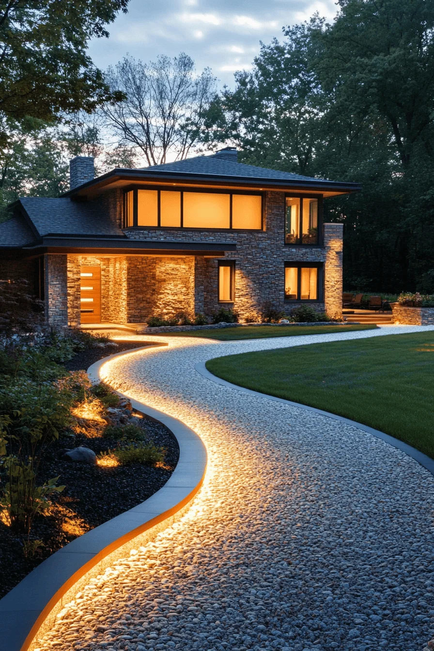 driveway entry landscaping with curved pathway