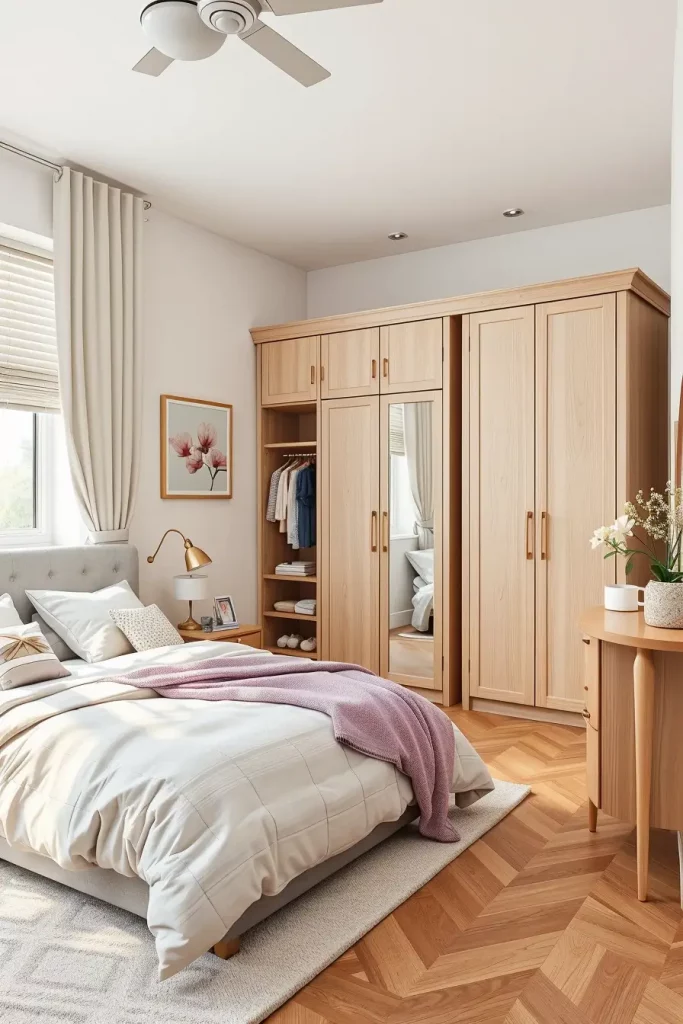 Modern girls bedroom with neutral tones and colorful accents