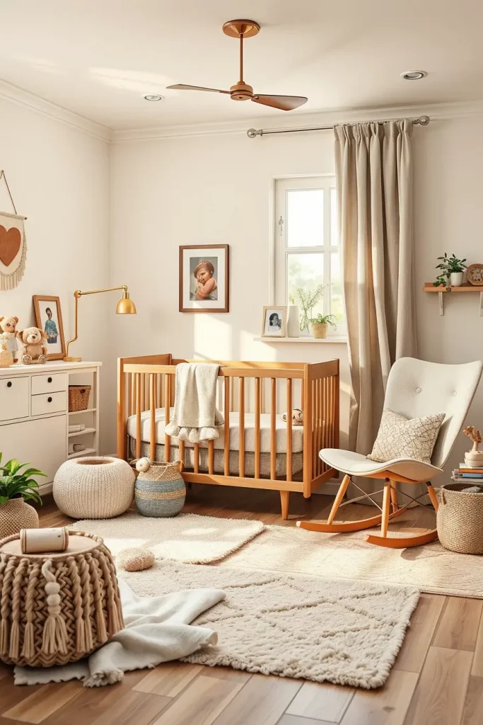 Cozy nursery with neutral tones and layered textures