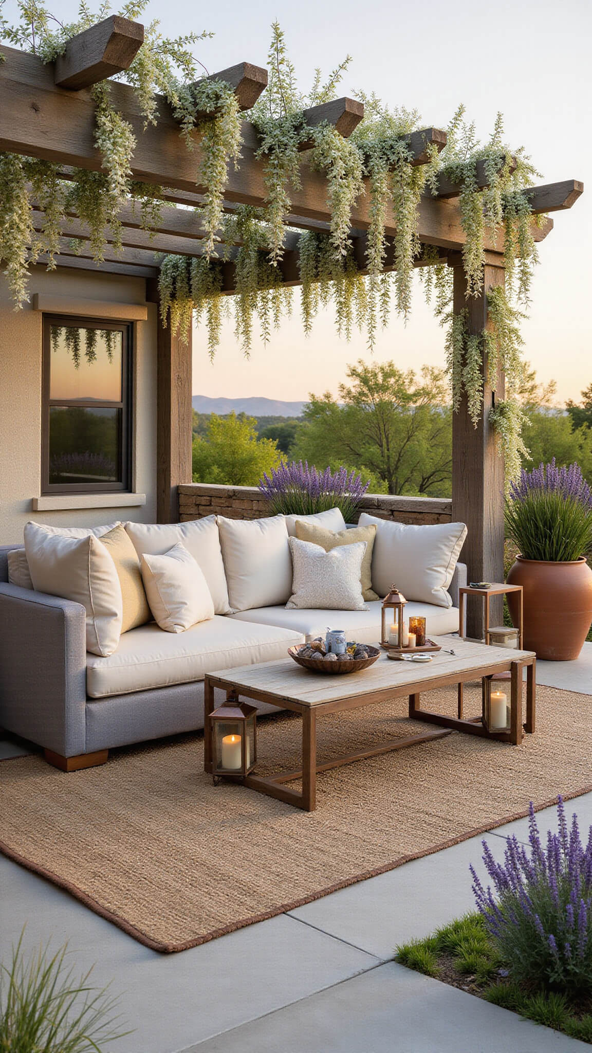 Spacious cedar pergola adorned with blooming white wisteria during golden hour, featuring a modern grey sectional with ivory cushions, layered outdoor rugs, copper lanterns, and terracotta pots filled with lavender, bathed in warm natural light.