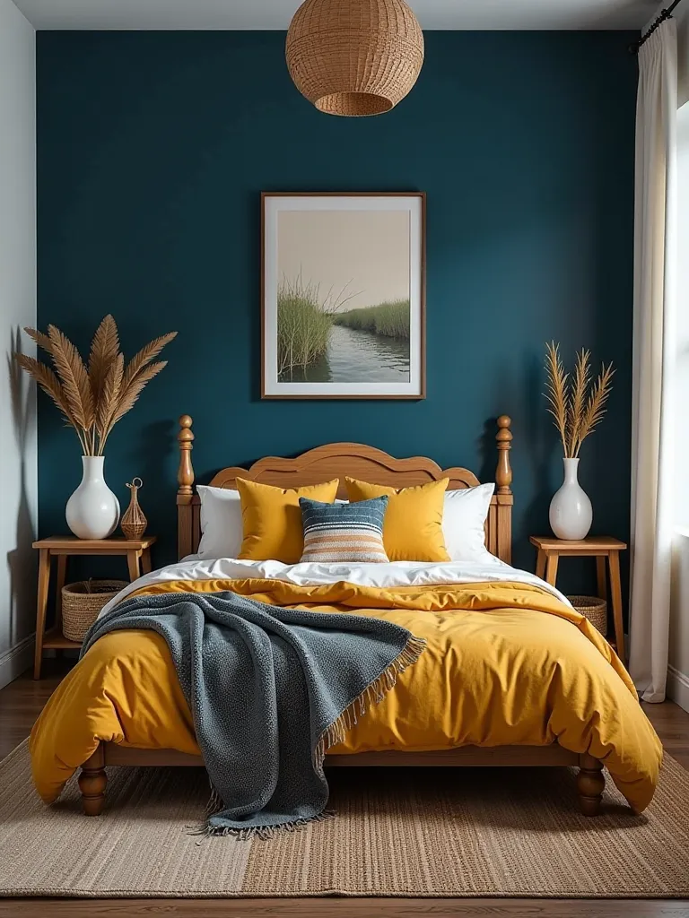 Aerial view of boho bedroom featuring indigo wall and mustard yellow details