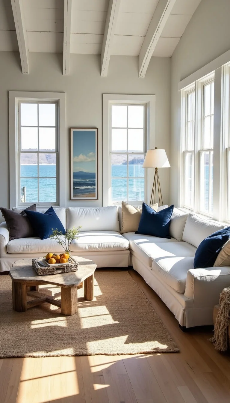 Bright coastal farmhouse living room with white slipcovered sofa, driftwood coffee table, exposed beams, and expansive windows overlooking the ocean.