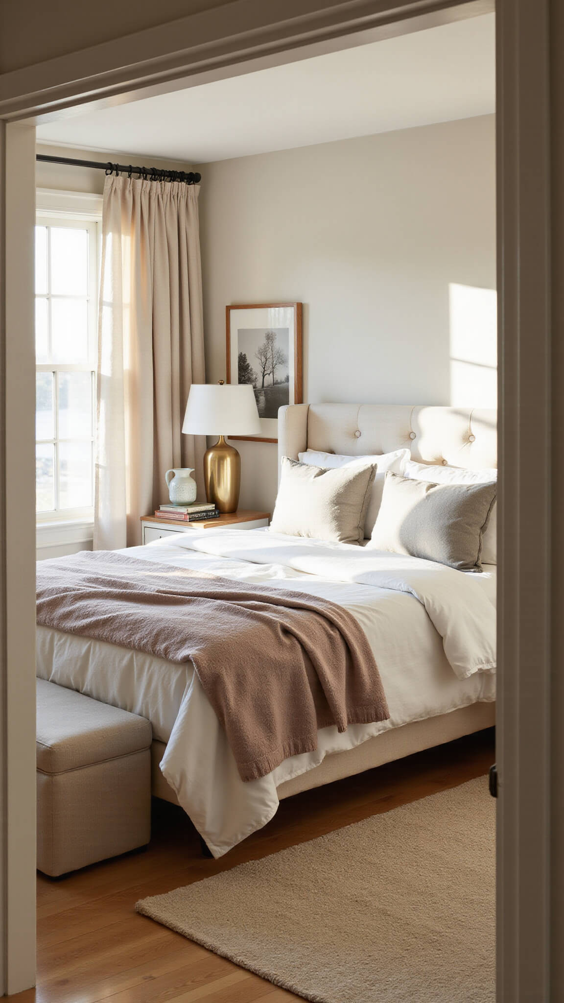 Bright guest bedroom featuring queen bed with soft beige and cream bedding, tufted headboard, hardwood floors, and elegant bedside tables with warm lighting.