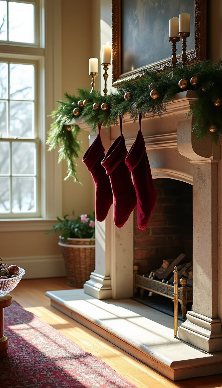 Sunlit living room at 9am with grand limestone fireplace, adorned with pine garland, vintage ornaments, burgundy velvet stockings, brass candlesticks, and crystal bowl of antique baubles on oak floors.