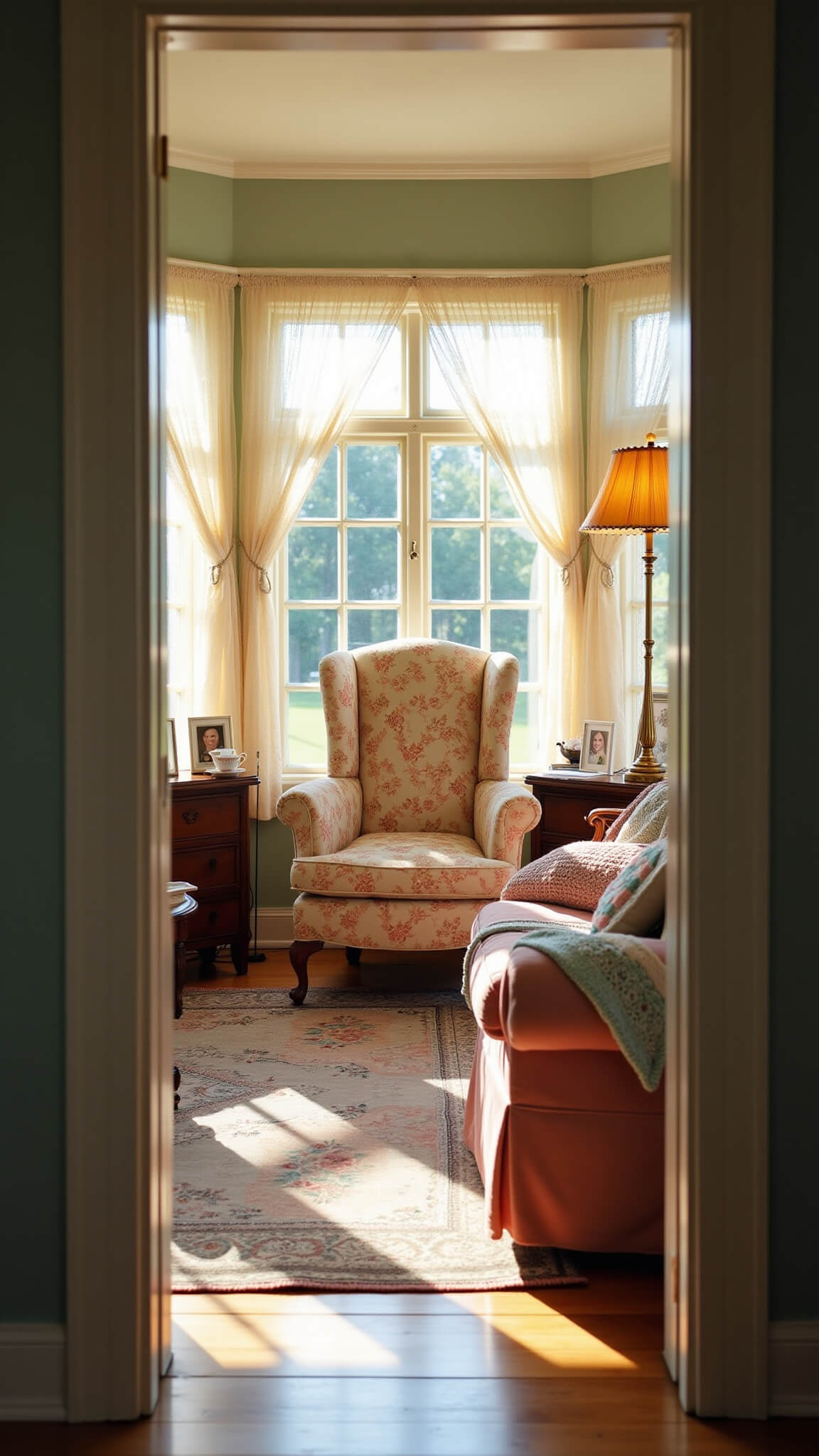 Sun-drenched vintage living room featuring Victorian furnishings, floral wingback chair, lace curtains, and antique accents glowing in golden light.