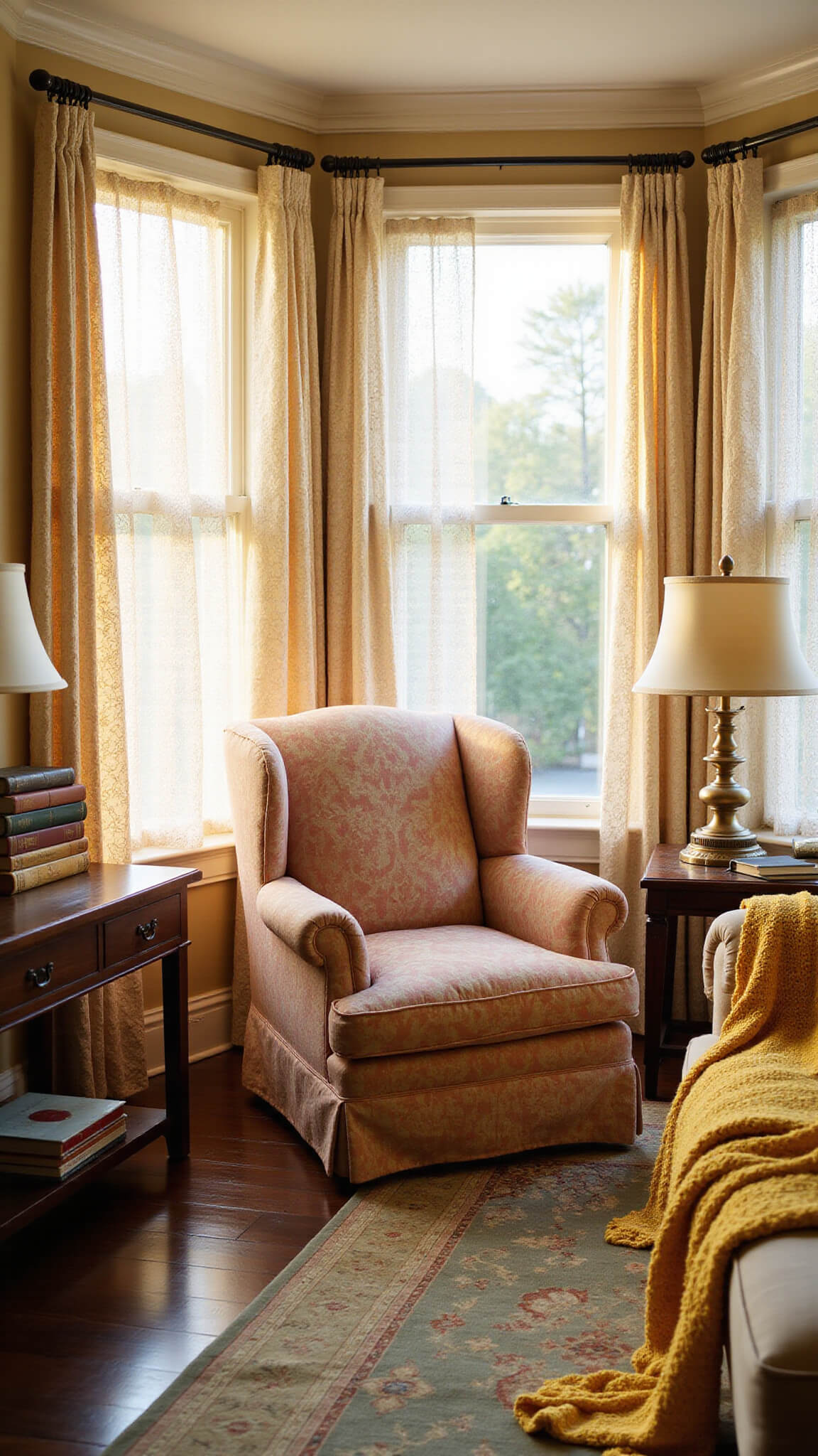 Cozy vintage-inspired living room with floral armchair, lace curtains, and soft golden light