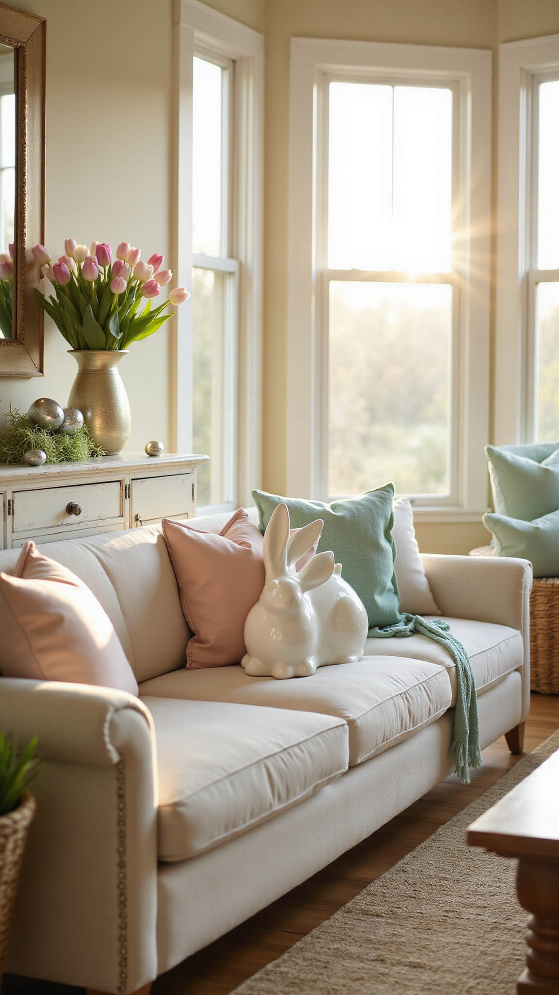 Bright living room featuring a cream sofa with pastel cushions, large bay windows glowing with golden hour sunlight, white ceramic bunny on a console table alongside mercury glass eggs and tulips, woven baskets filled with faux grass and metallic eggs, soft bokeh background.