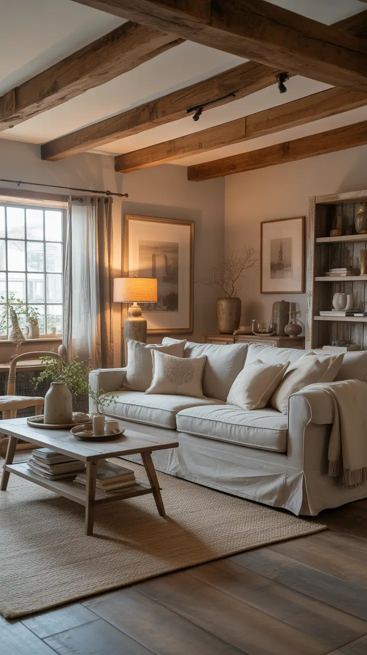 Rustic Farmhouse Living Room with Reclaimed Wood and Linen
