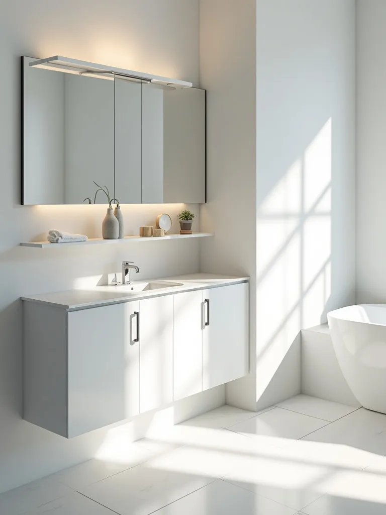 All white bathroom featuring mirror with hidden storage compartments
