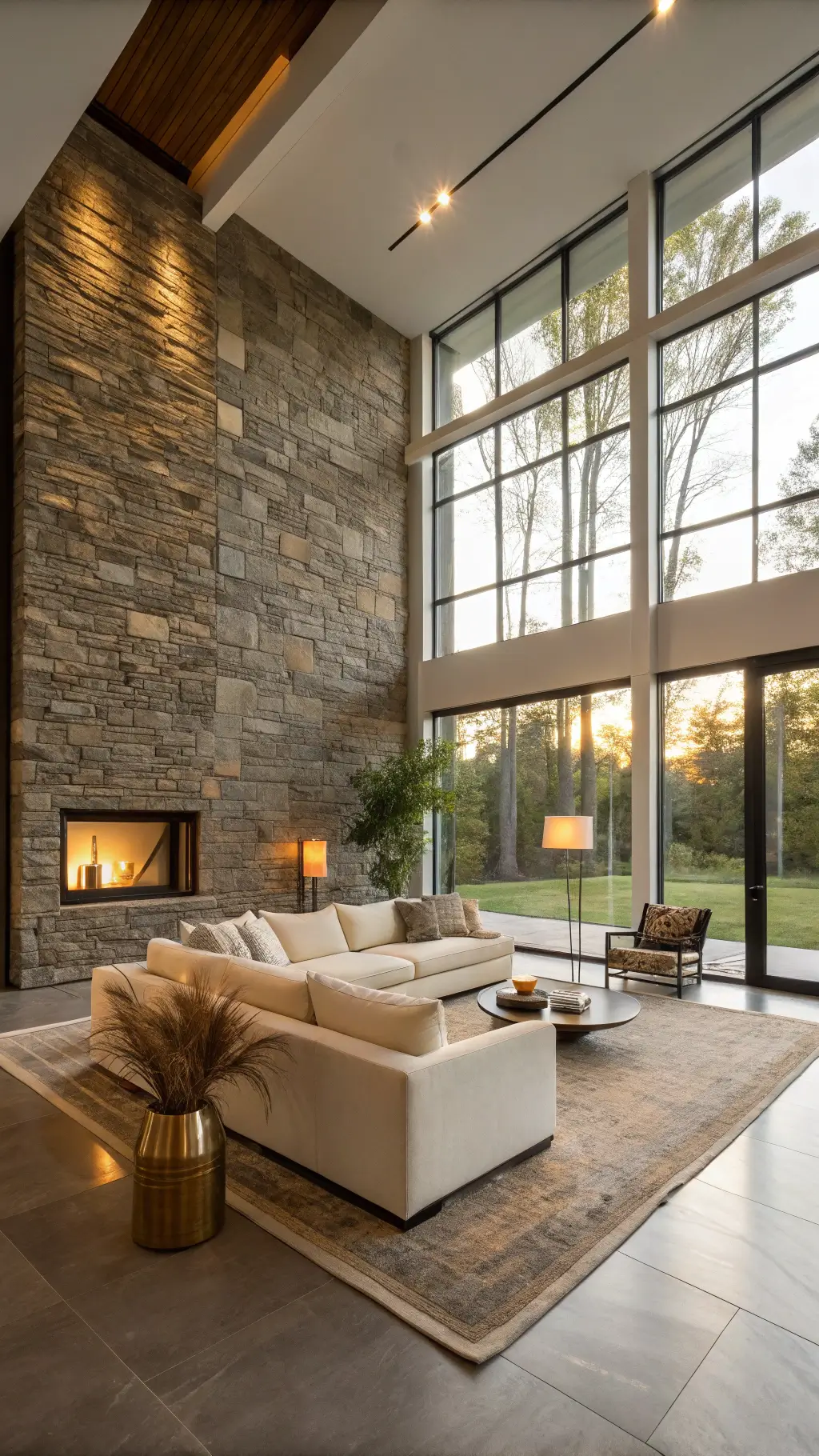 Elegant living room featuring a polished marble accent wall, plush cream sofa, and expansive windows flooding the space with natural light.