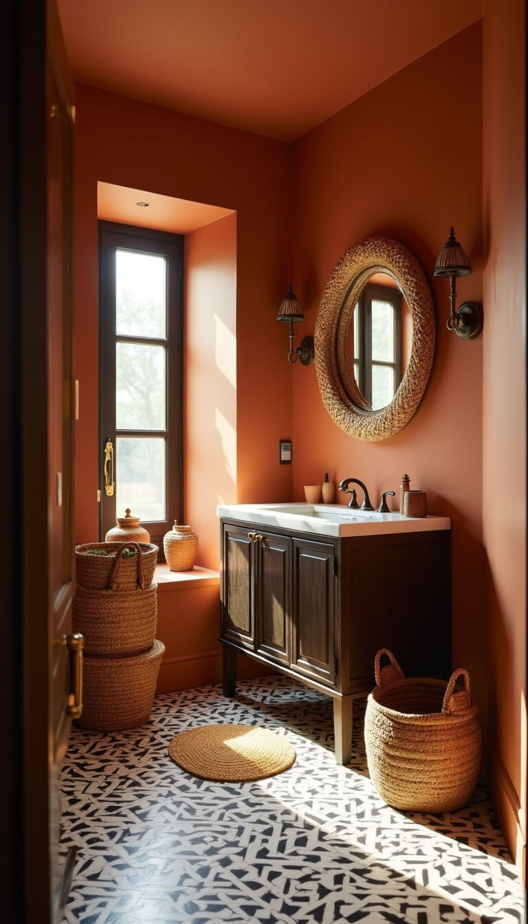 Bright bathroom featuring terracotta accent wall, rattan-framed mirror, dark wood vanity, black and white geometric floor tiles, woven baskets, and brass fixtures glowing in golden hour light.