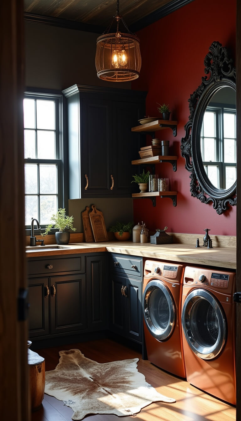 Striking 8x10 laundry room featuring copper-hued washer and dryer, matte black cabinetry, deep oxblood accent wall, vintage bronze chandelier, and industrial-western decor illuminated by warm afternoon sunlight.