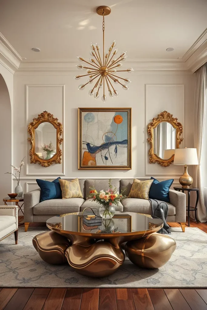 Vintage eclectic living room with Rococo frames and Atomic Age decor