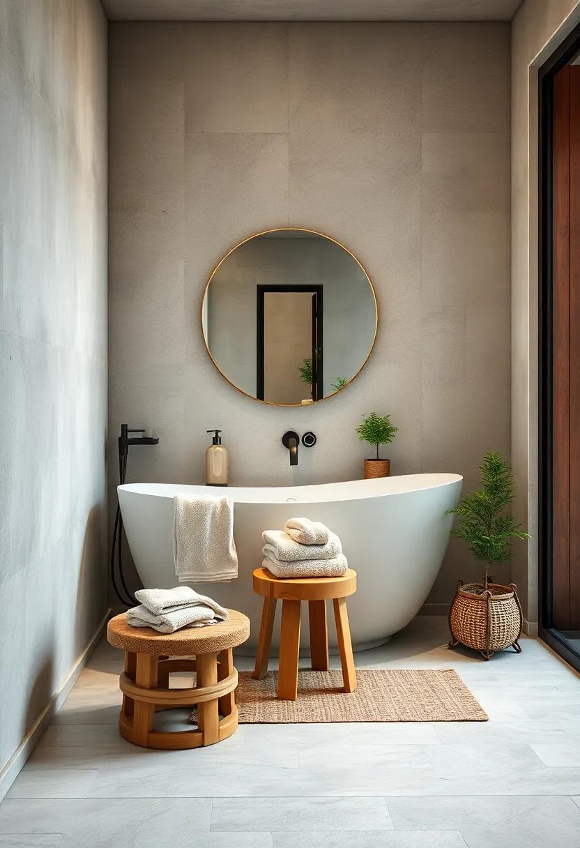 Tranquil Boho Inspired Bathroom with Wooden Stool Holding Towels and Small Indoor Trees for Cozy Natural Charm