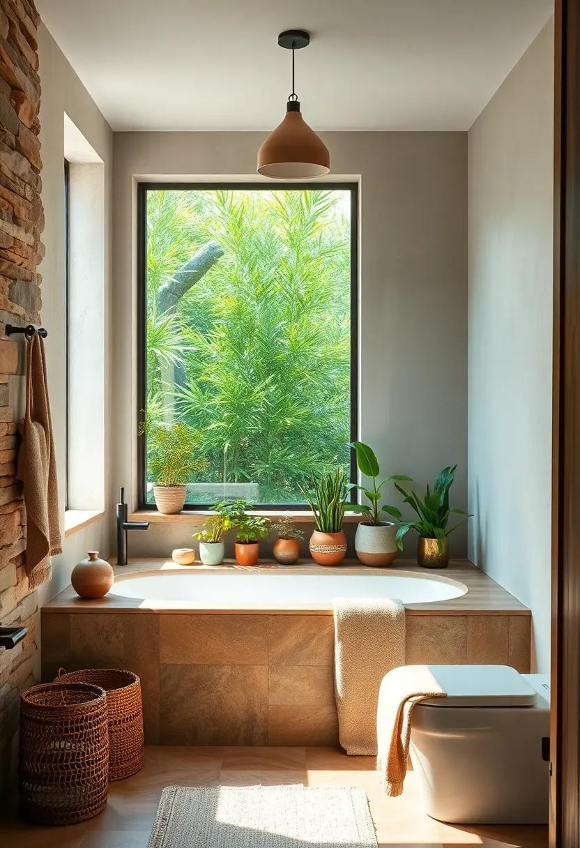 Boho Bathroom Featuring Aged Wood Window Sill with Pottery Plant Holders and Soft Textiles for a Relaxing Feel