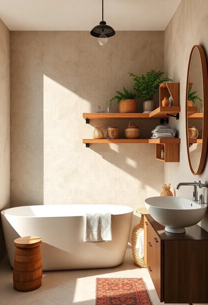 Soft Warm Light Filling a Boho Bathroom Featuring Natural Wood Shelves Displaying Jute Baskets and Herb Plants