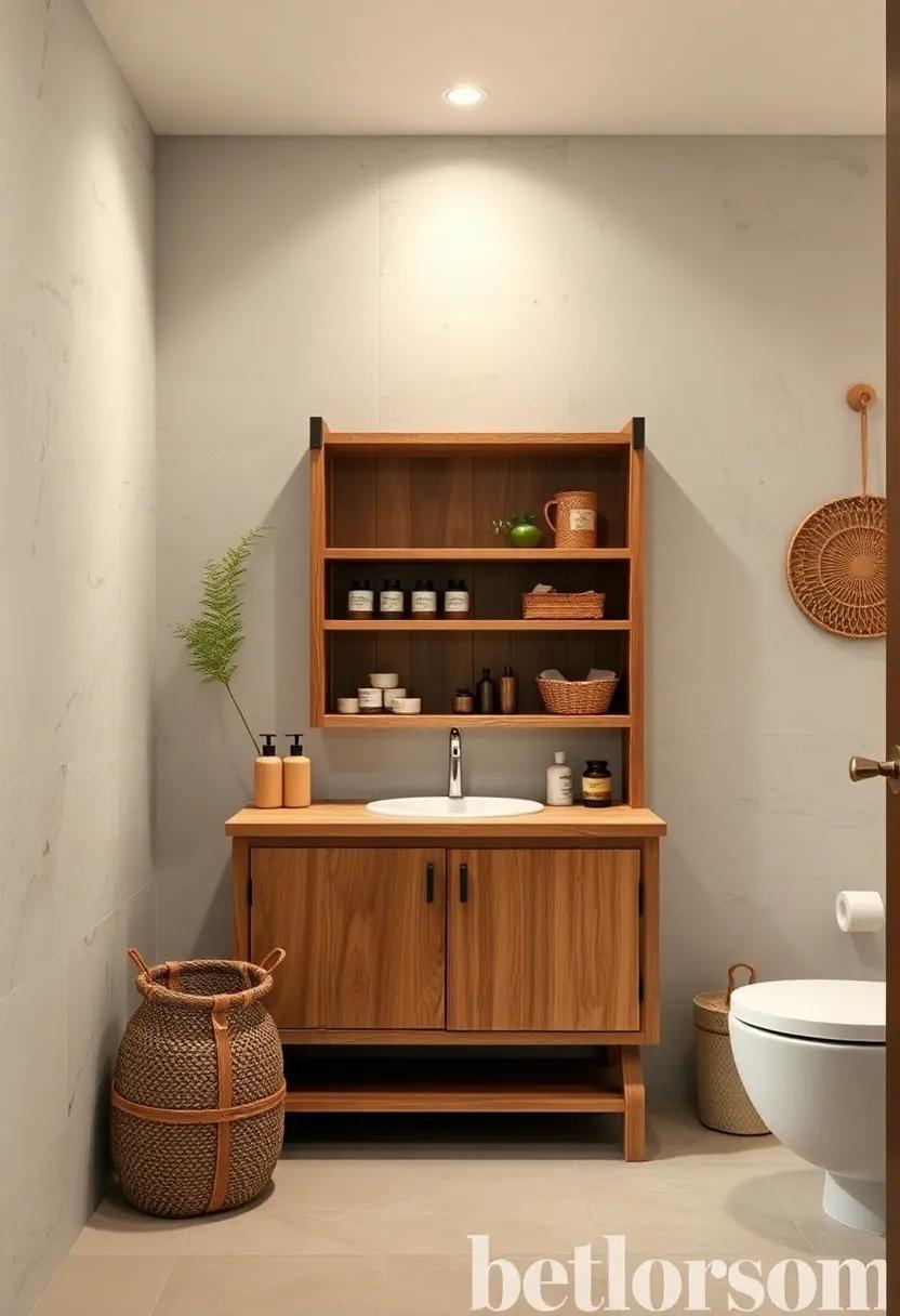 Bohemian Style Wooden Bathroom Cabinet with Open Shelving Displaying Handmade Soaps and Natural Fiber Baskets