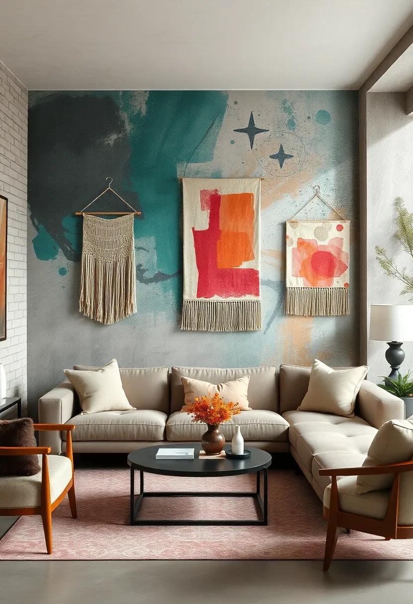 Abstract Expressionist-Inspired Wall Murals Paired With Textured Hangings To Evoke Emotion