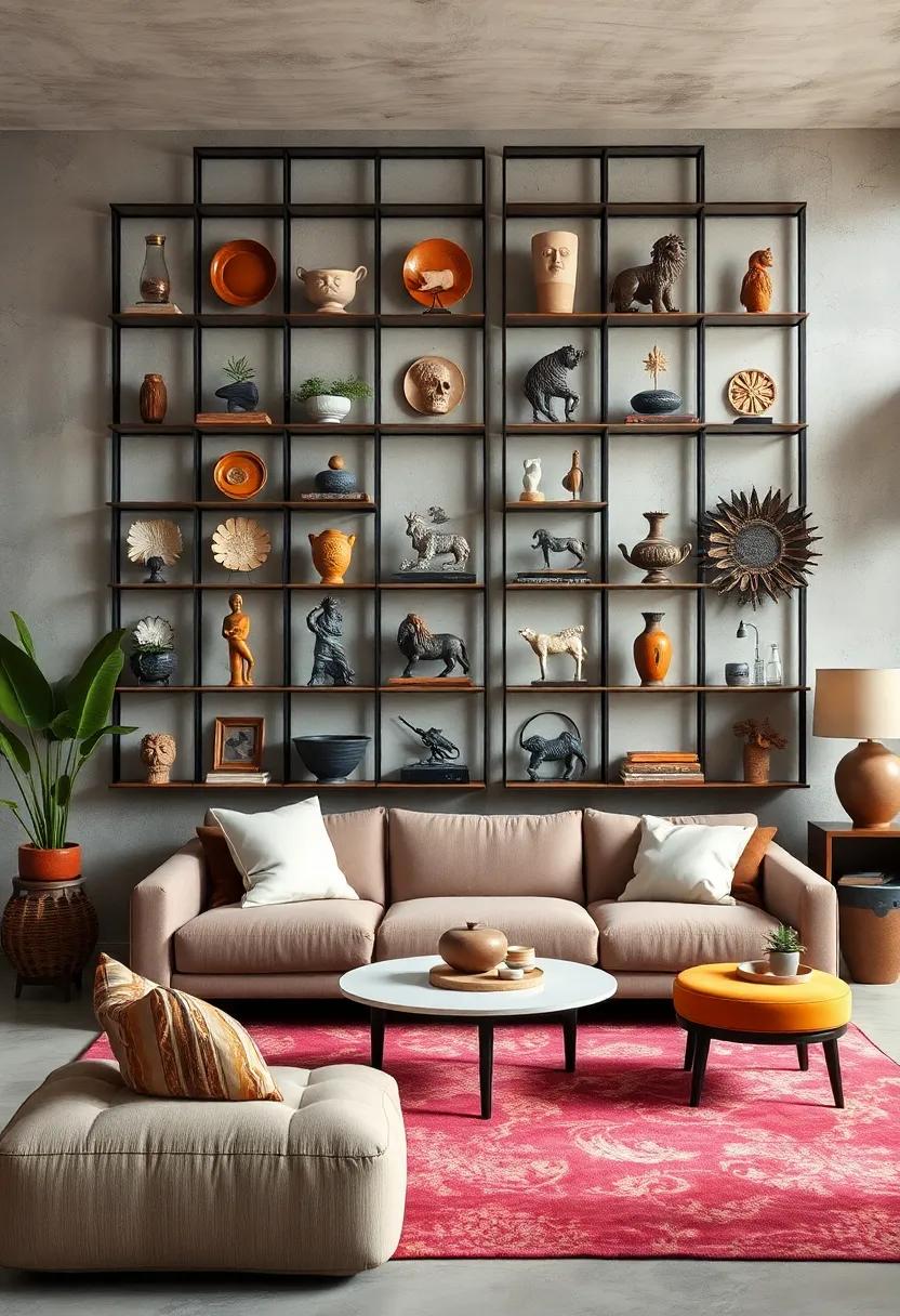 Architectural Wall Grids Displaying Eclectic Artifacts And Miniature Sculptures In Balanced Harmony