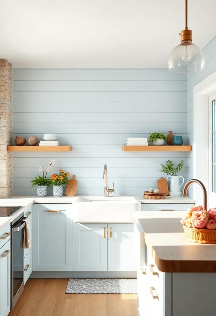 Breezy Coastal Vibes Featuring Light Blue Shiplap Walls and White Farmhouse Kitchen Sinks