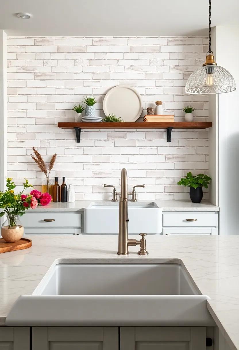 Ceramic Subway Tiles Backdrop Illuminating Elegant Farmhouse Sink Features in Bright Kitchens