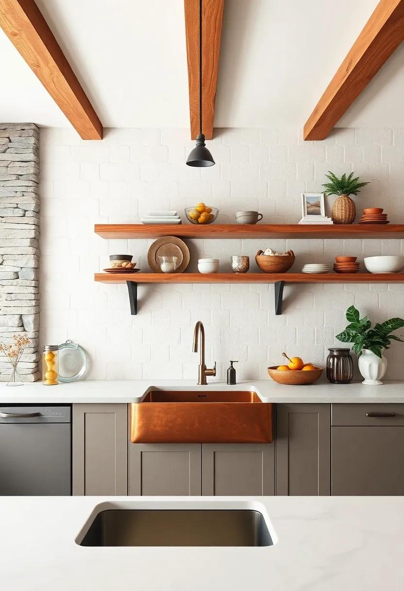 Vintage Copper Farmhouse Sink Surrounded by Handcrafted Open Shelving and Exposed Beams