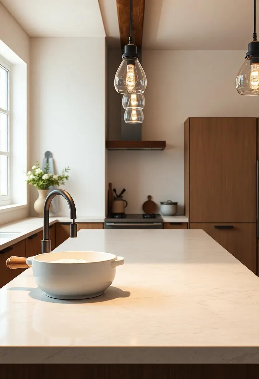 Warm Ambient Lighting Highlighting Ceramic Farmhouse Sinks Against Stone Countertops