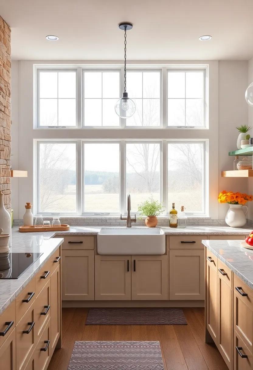 Soft Neutral Palette Kitchens Featuring Integrated Farmhouse Sinks Under Panoramic Farmhouse Windows