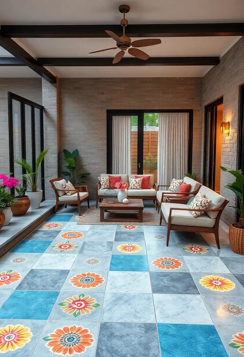 Colorful Floral Motif Tiles Interspersed With Neutral Backgrounds Creating A Playful Patio Floor