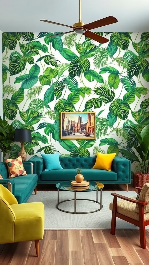 Living room featuring bold tropical leaf wallpaper and colorful furniture.