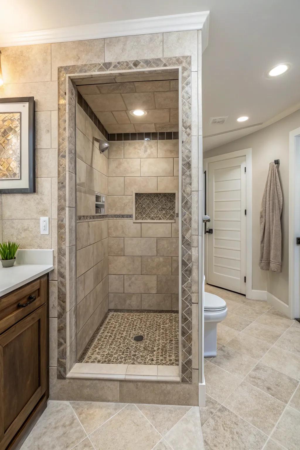 A hidden alcove shower blending flawlessly with bathroom decor.