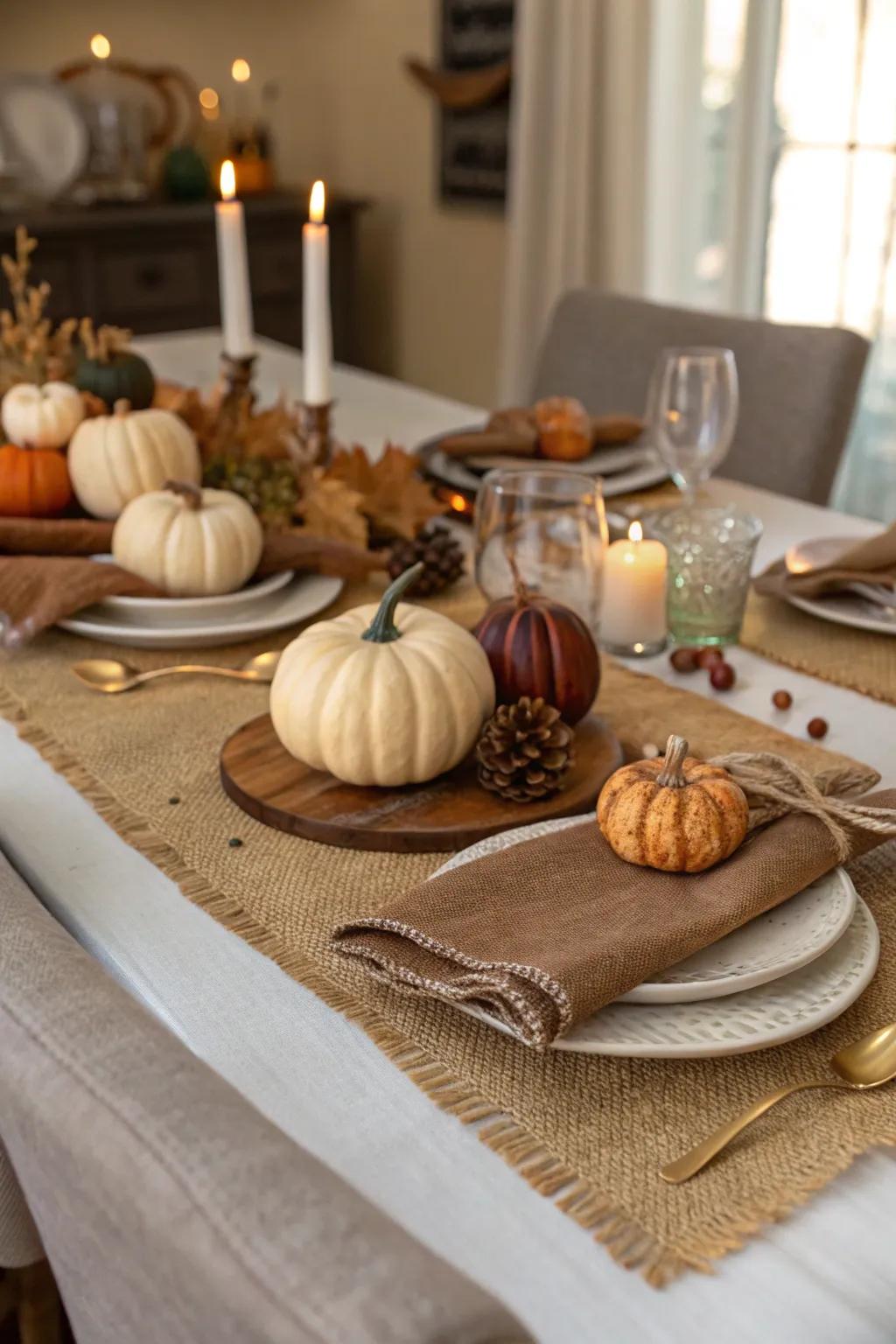 Rustic harvest-themed table setting with natural elements.