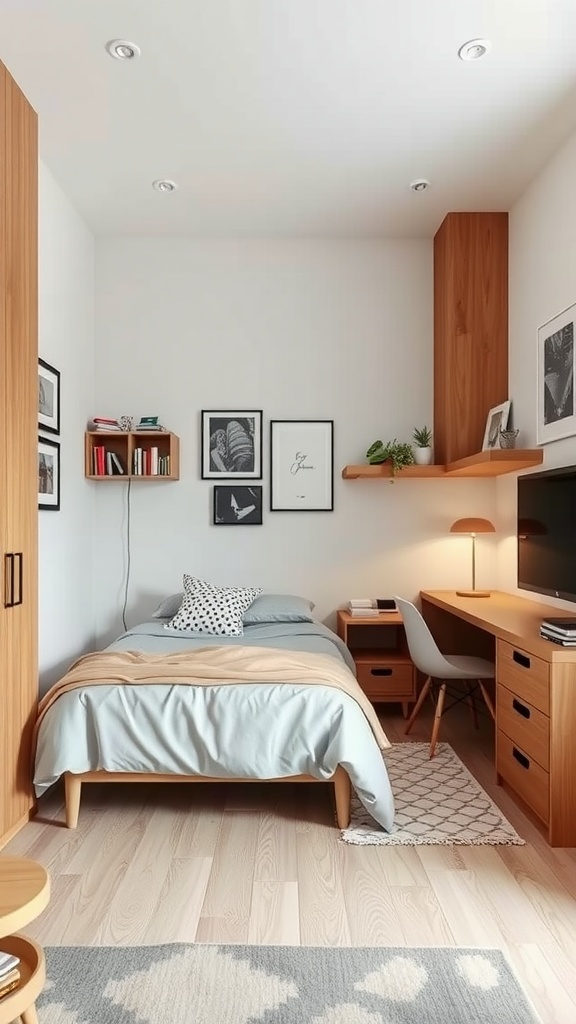 Small modern bedroom with multifunctional furniture