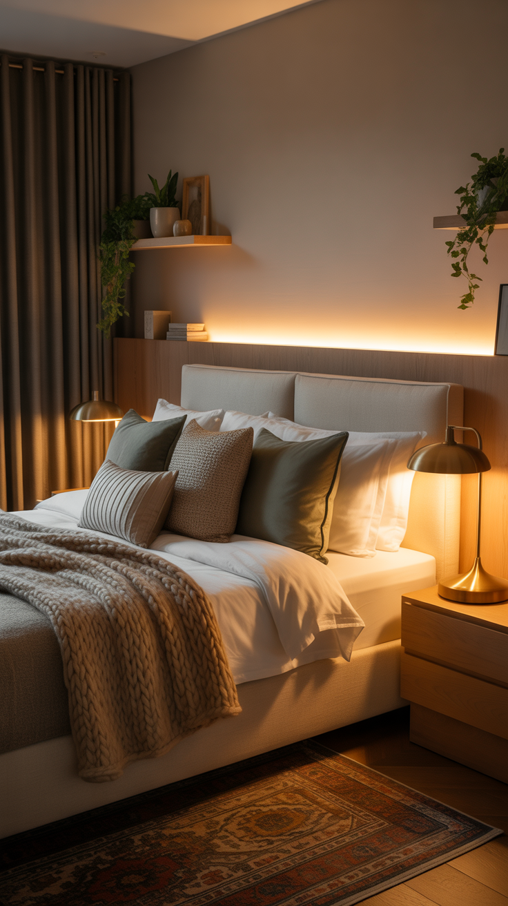 Cozy bedroom with floating shelves and ambient lighting