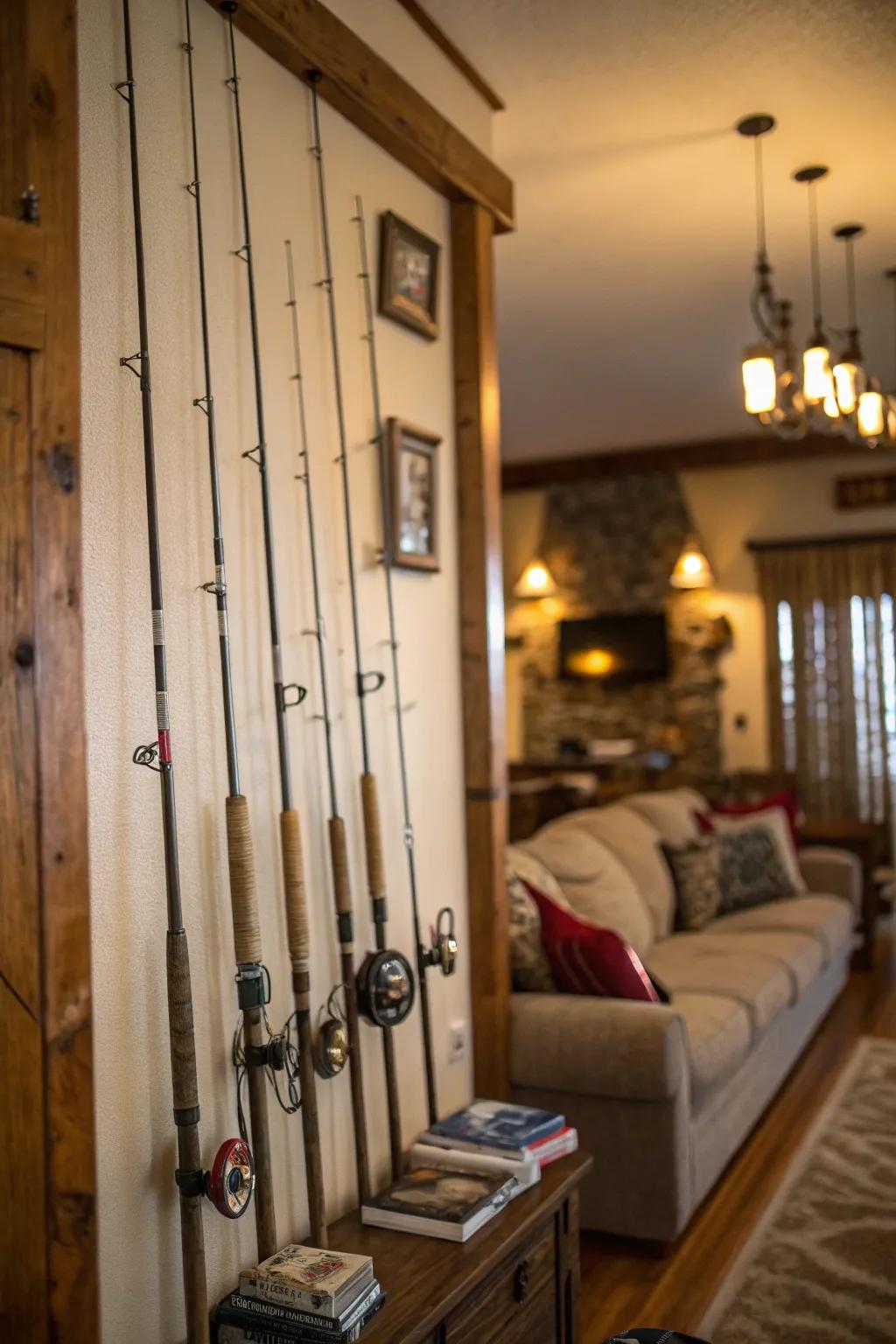 Classic fishing rods create a striking wall display.