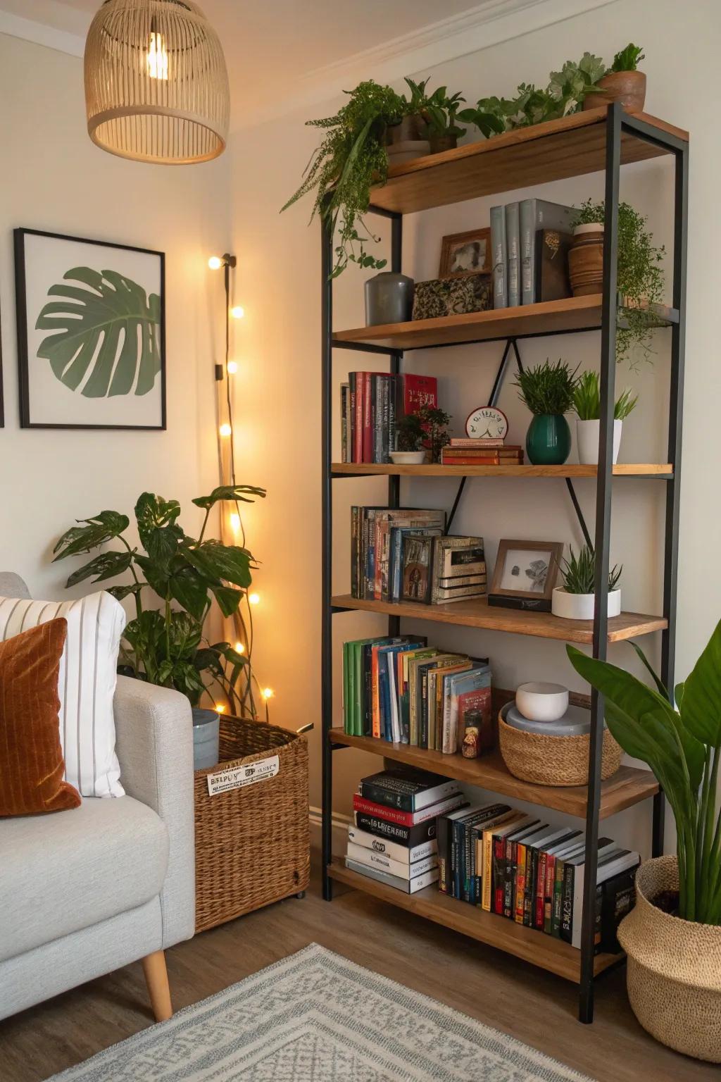 Layered shelving that balances practicality and style.