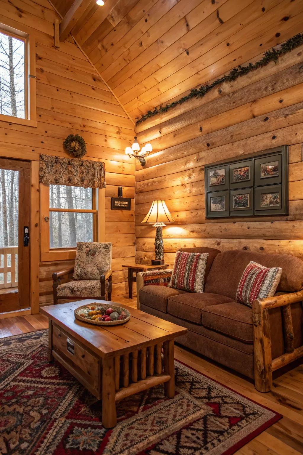 Warm earthy tones complementing knotty pine walls.