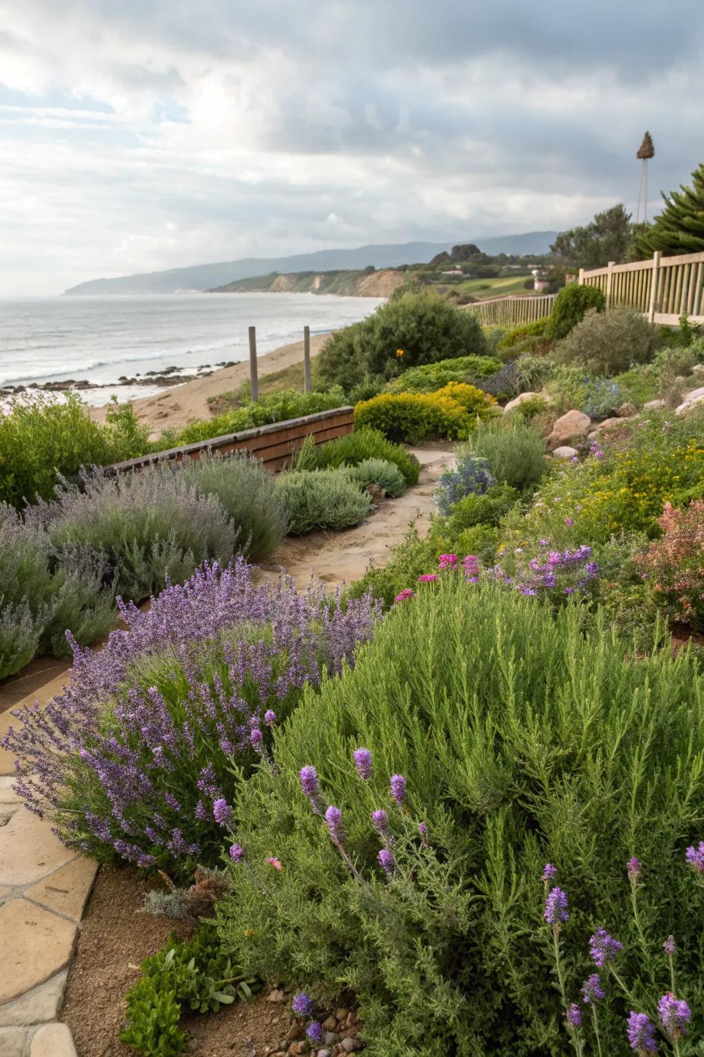 Wind-tolerant plants like lavender flourish in coastal gardens.