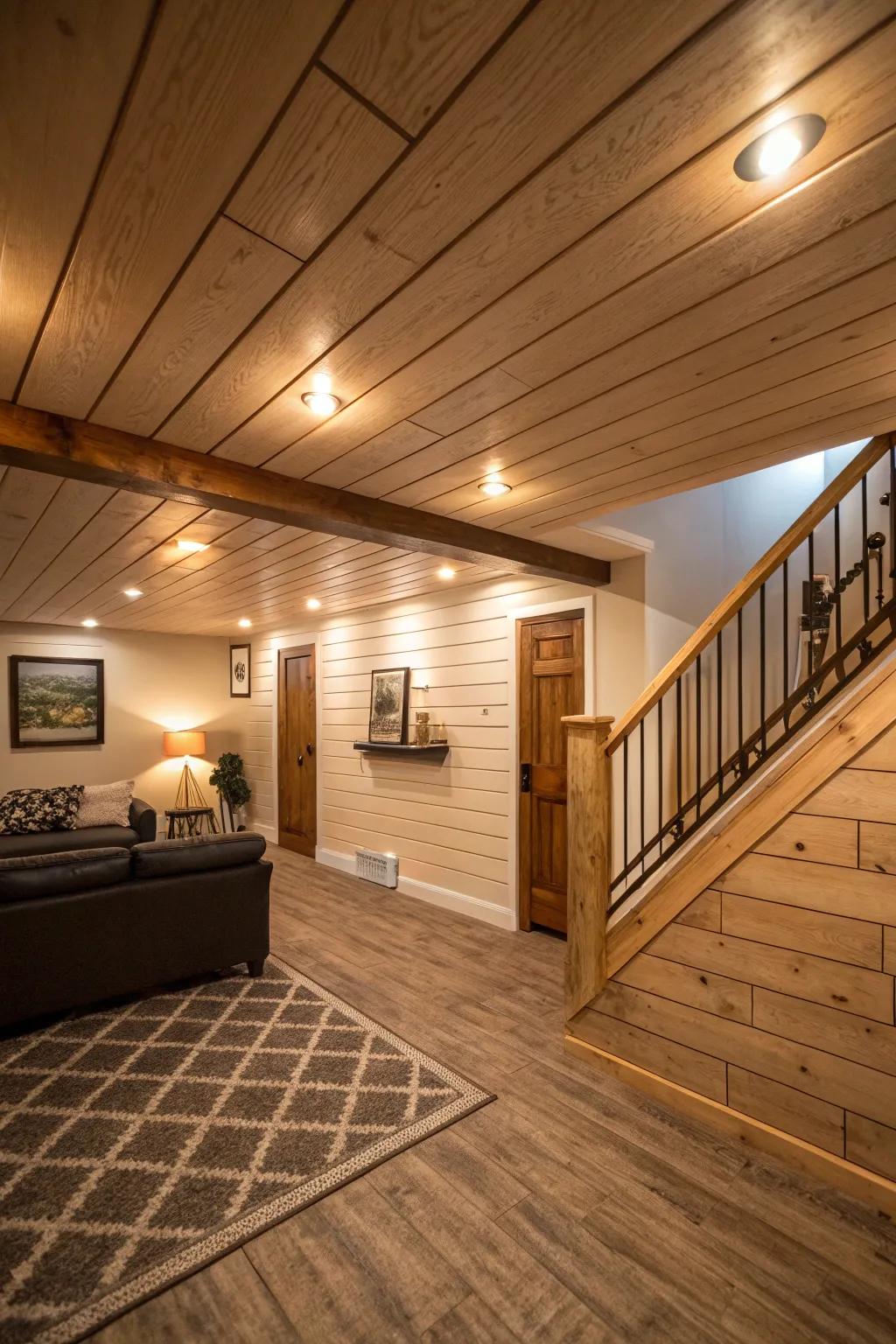 Cozy basement featuring a shiplap ceiling