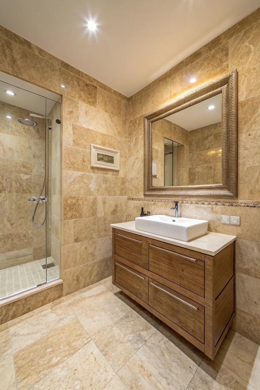 Bathroom with travertine tiles covering both walls and floors, creating a unified and opulent atmosphere.