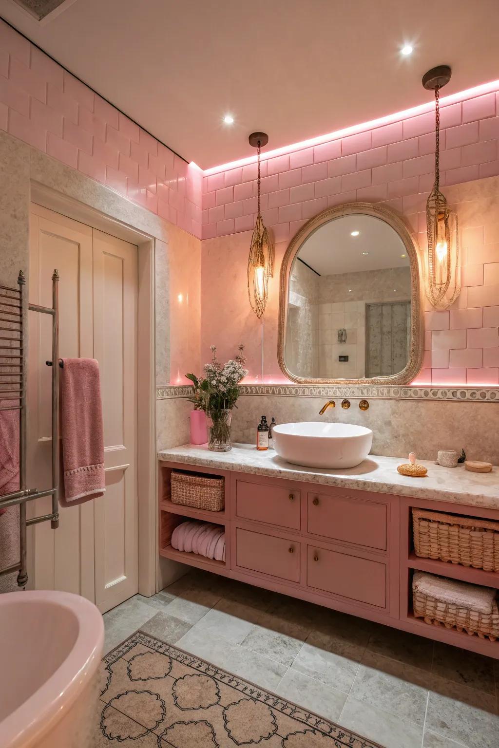 Soft pink lighting in bathroom