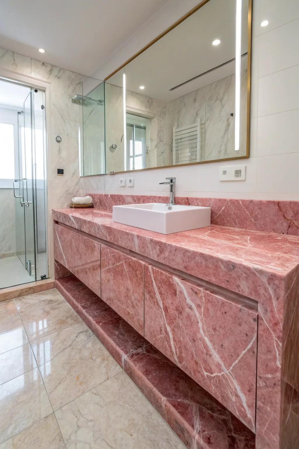 Pink veined marble in bathroom