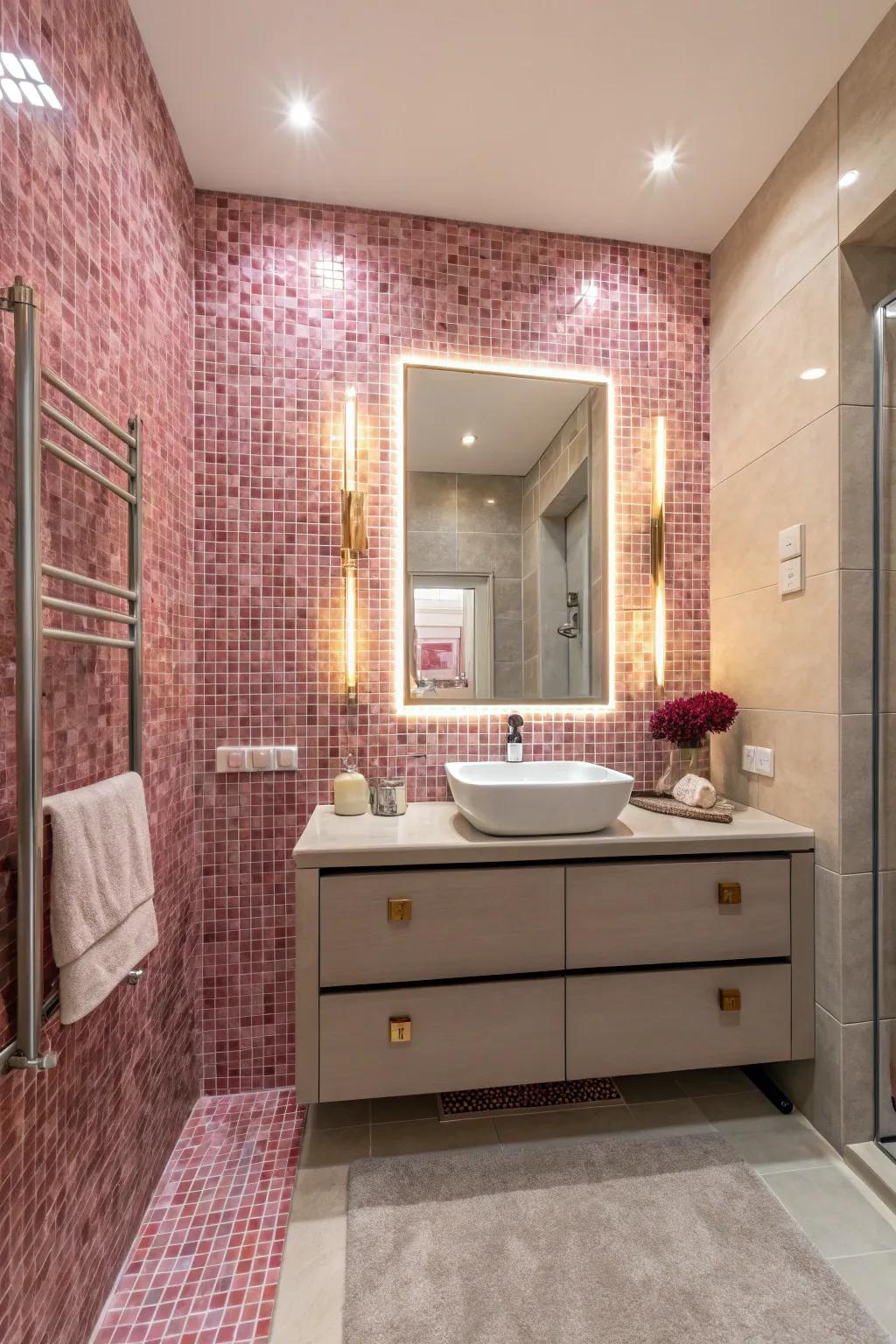 Pink mosaic tiles in bathroom
