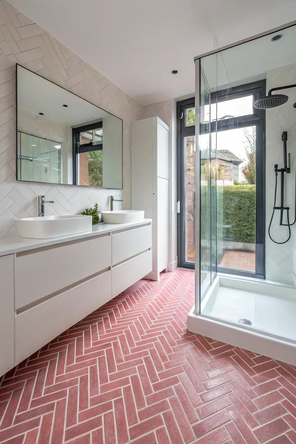 Pink herringbone bathroom floor