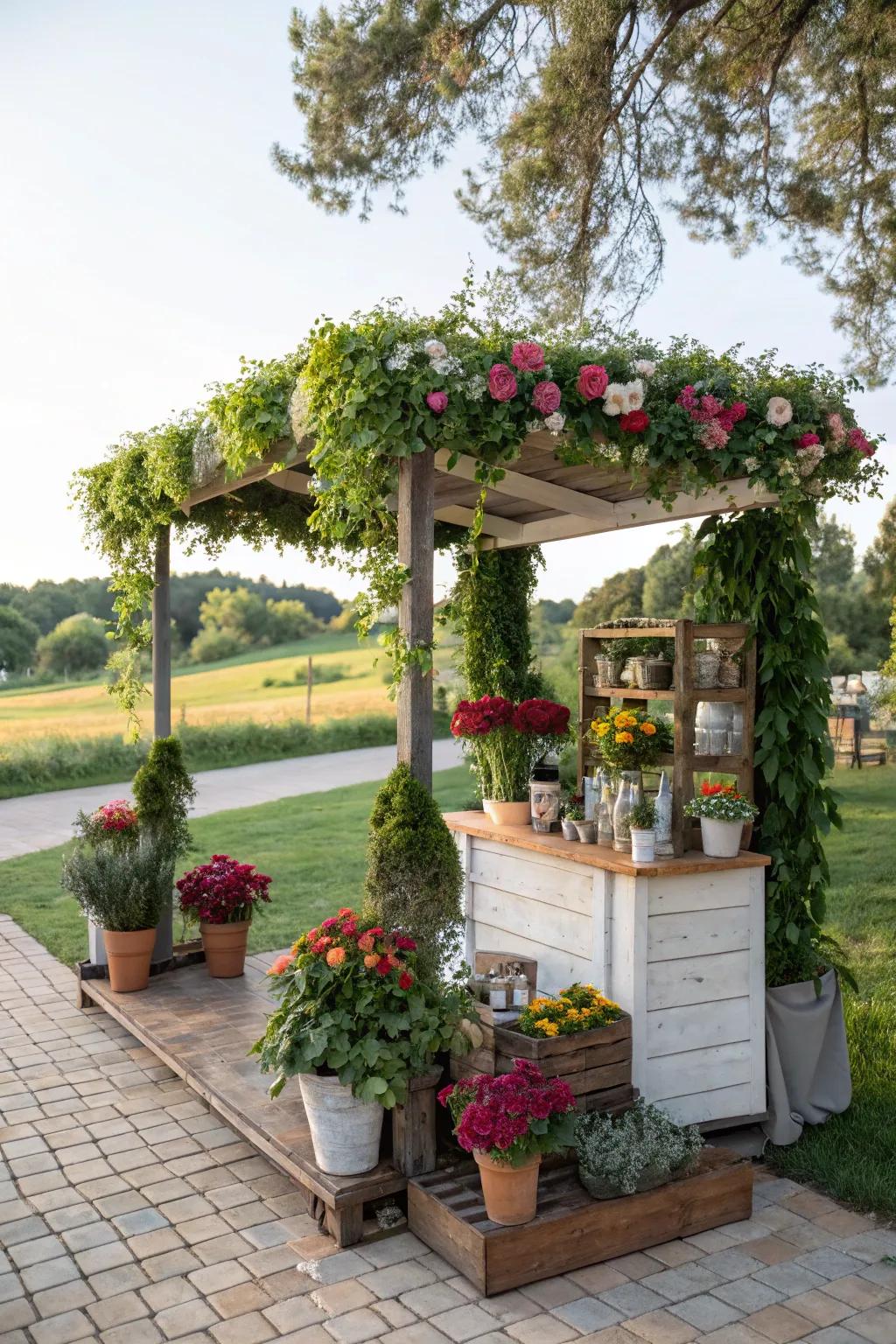 Lush garden-inspired booth with vibrant greenery.