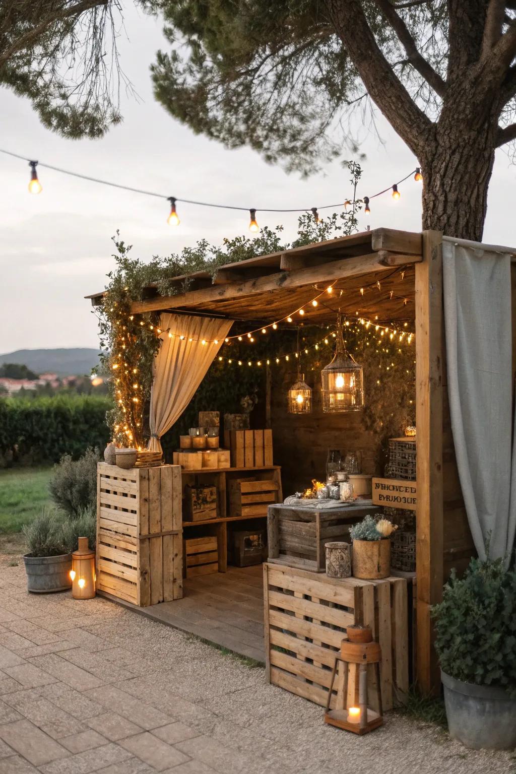Cozy outdoor Valentine's booth with rustic accents.