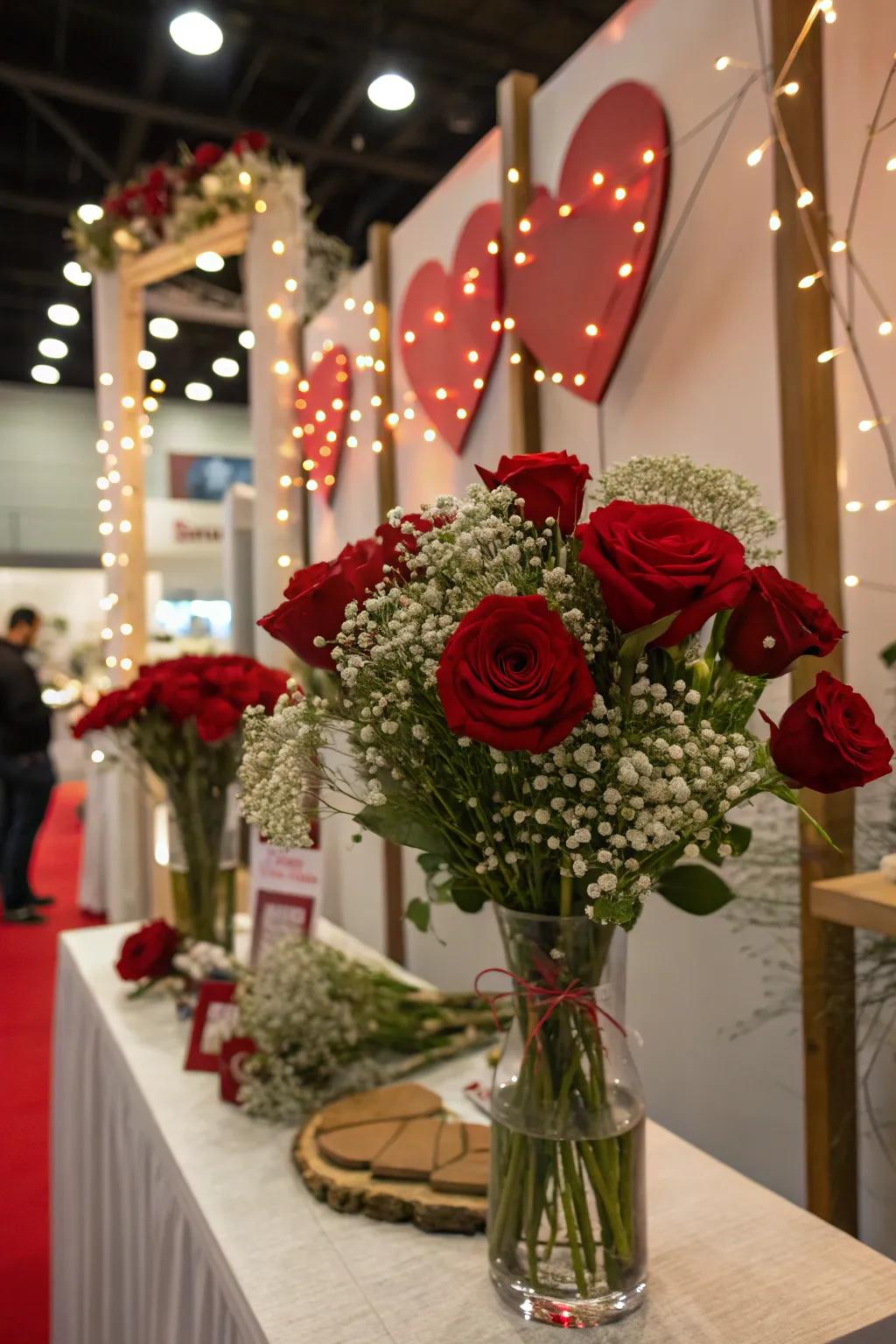 Elegant floral arrangements with roses and baby's breath.