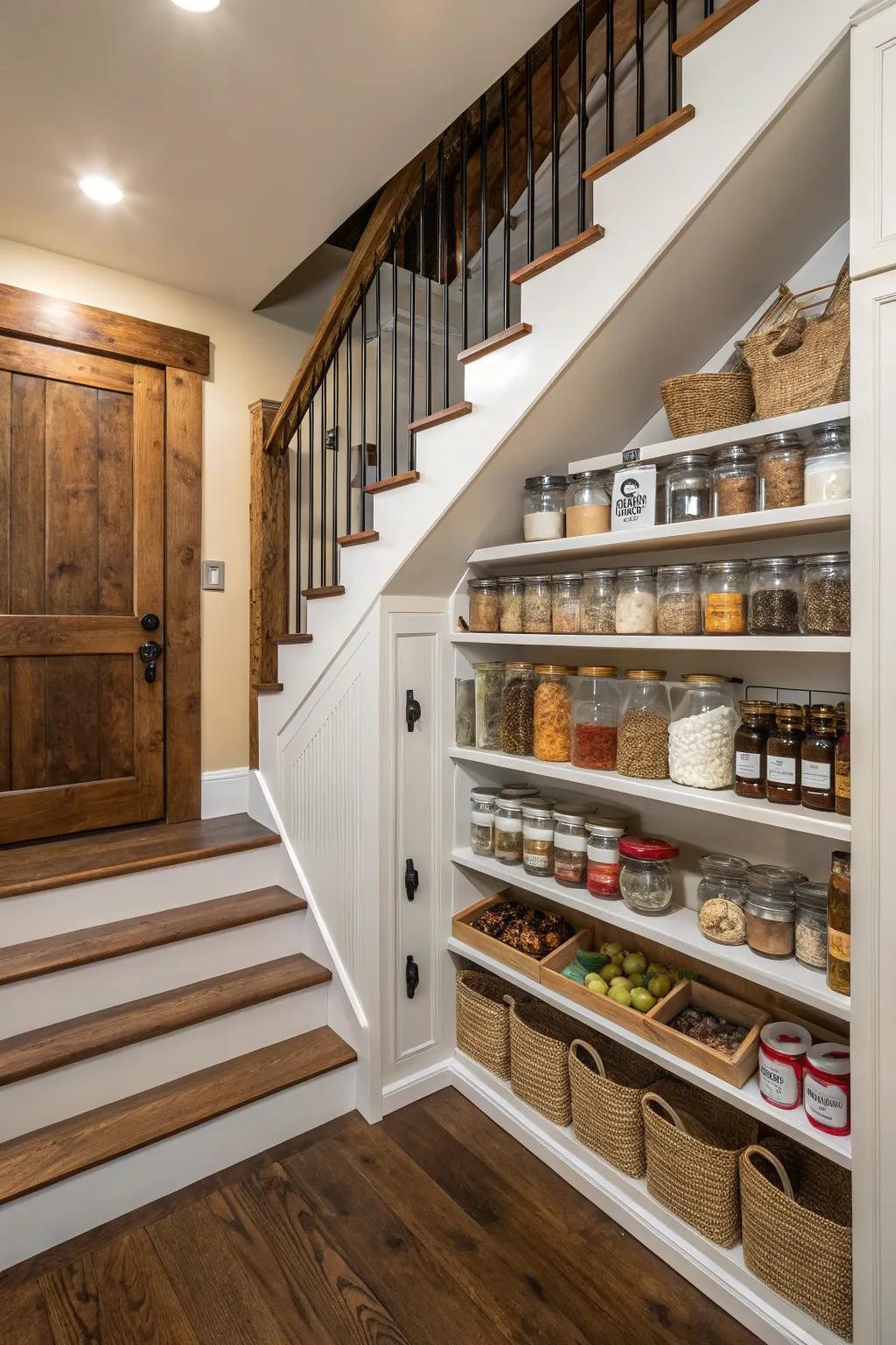 Hidden pantry storage under stairs